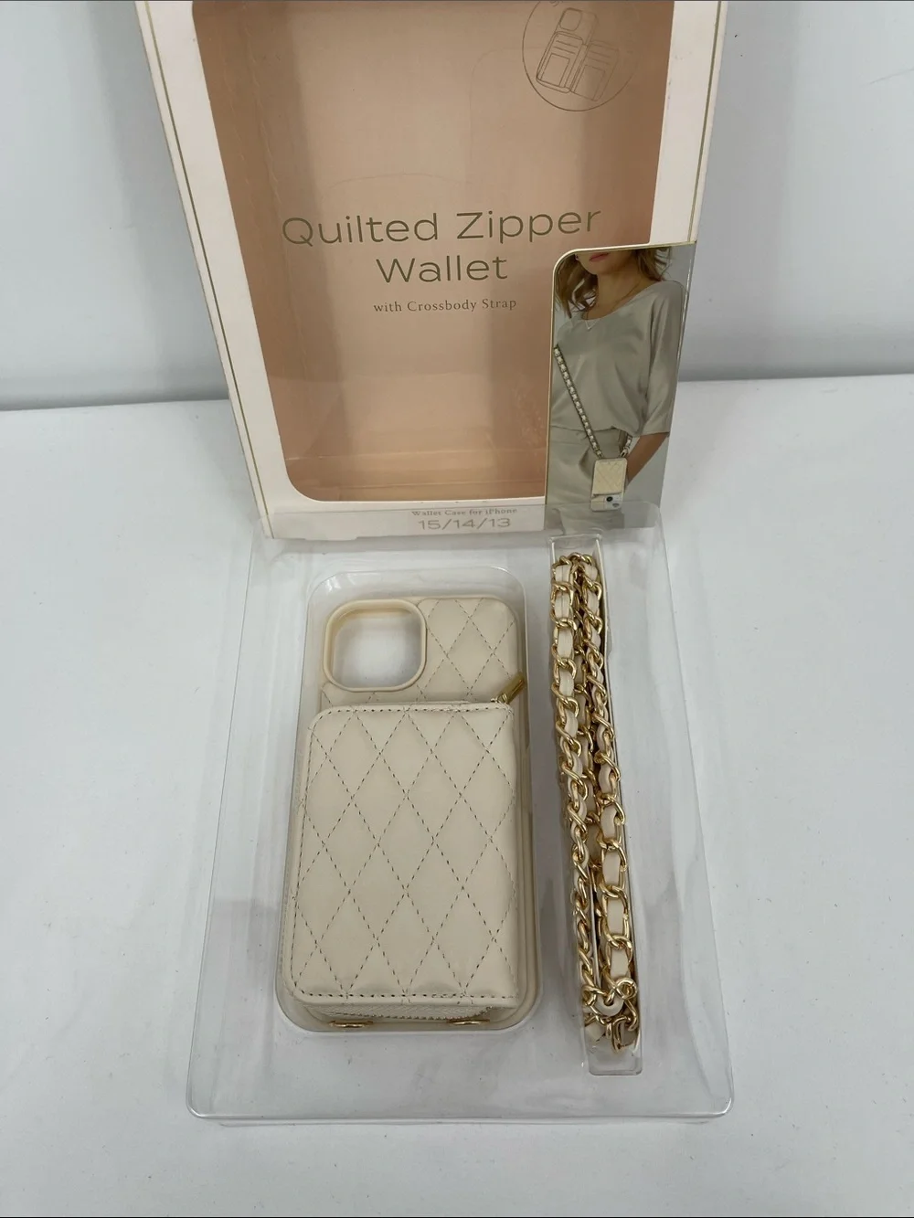 Quilted Zipper Wallet Case for iPhone (Cream) CROSSBODY Fits IPhone 13/14/15